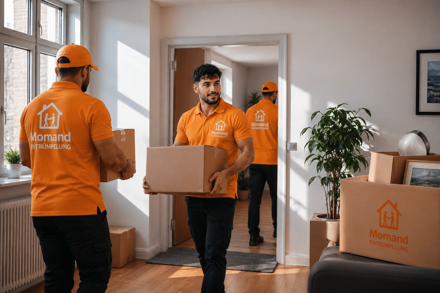 Entrümpelungsteam Momand in Dortmund Momand Entrümpelung Dortmund – Team in orangefarbenen Polos bei einer Haushaltsauflösung