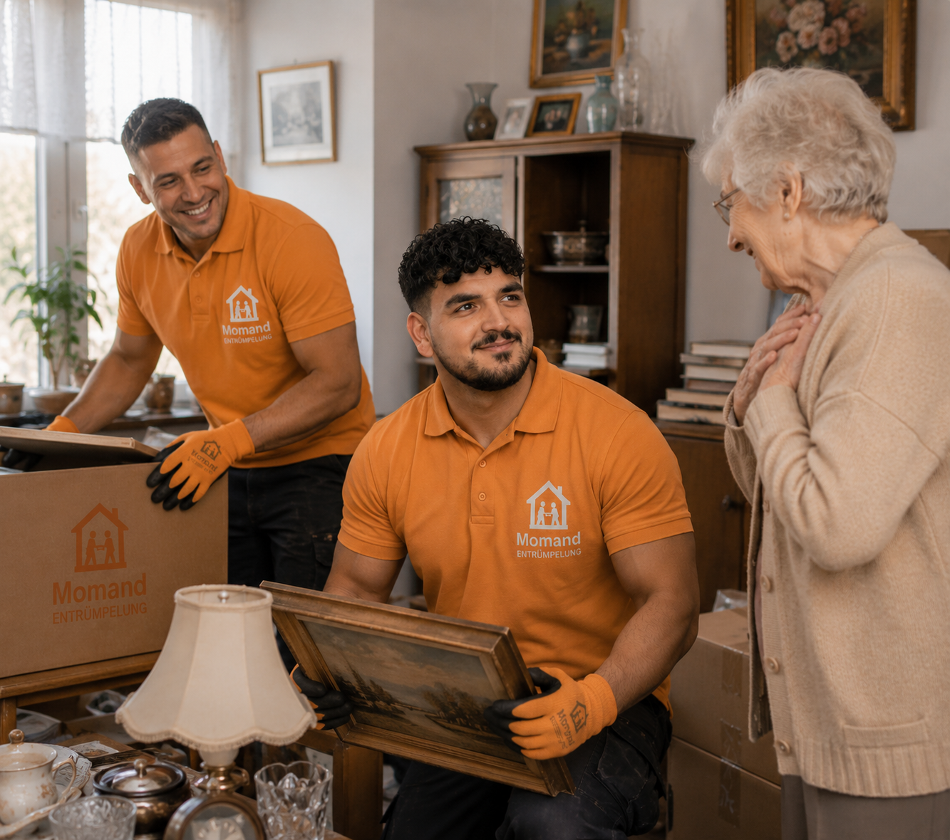 Persönliche Übergabe bei einer Haushaltsauflösung Momand übergibt einer Seniorin ein Bild bei einer Haushaltsauflösung in Dortmund